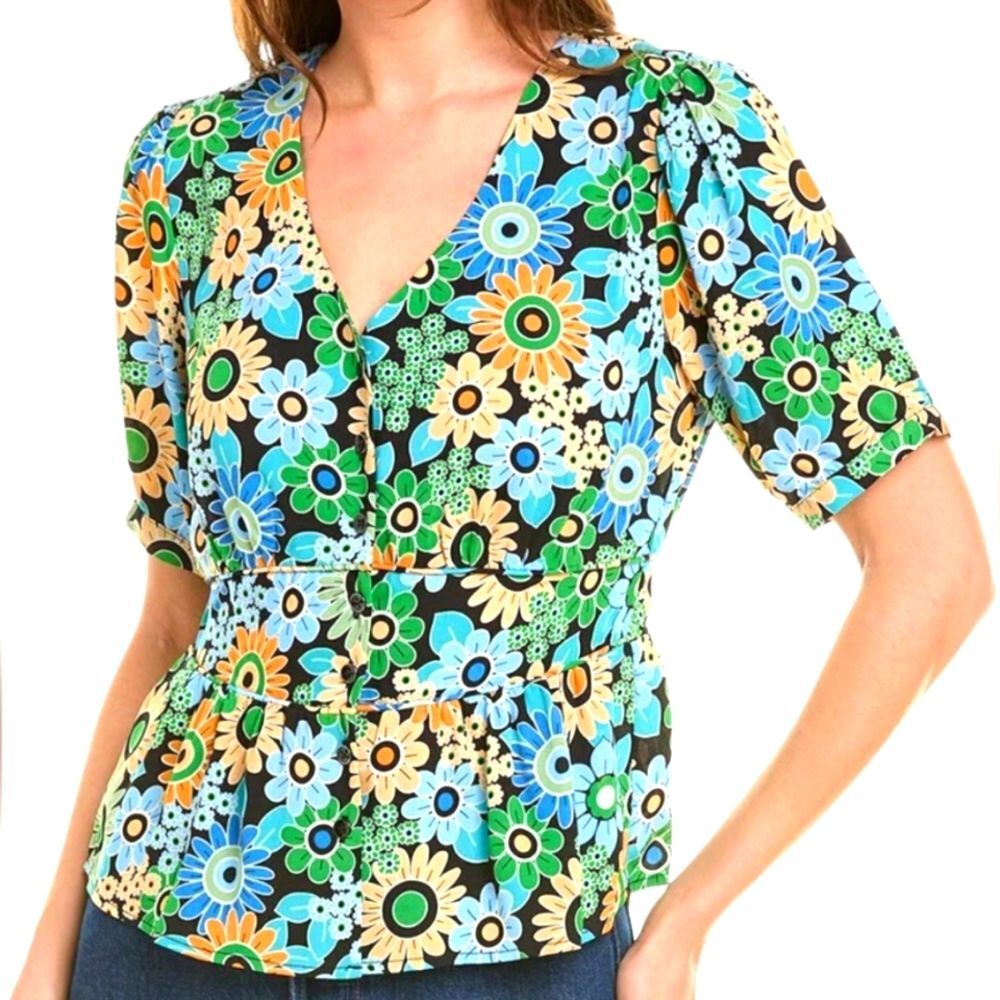 CAbi Happy Top 5900 Blouse Retro Short Sleeve Floral Button Peplum Green‎ Blue M
